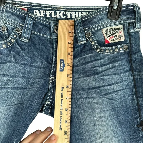 Affliction Women’s 27 Patch Jeans Denim Grunge Punk Street Whiskering Stretch - Picture 9 of 16